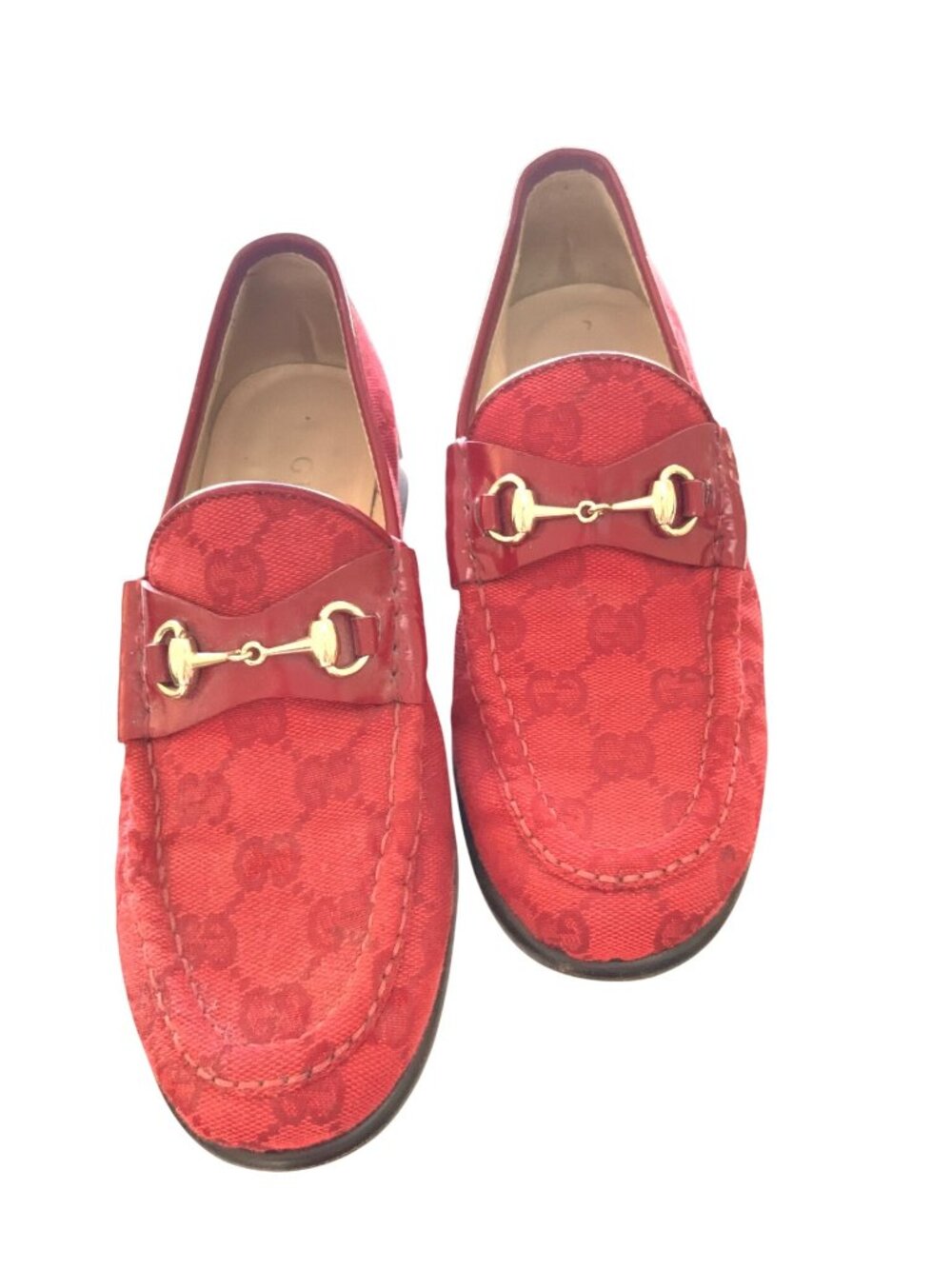 Gucci Red GG Canvas Horsebit Loafers Womens Size US 5 Made In Italy Elegant Gold
